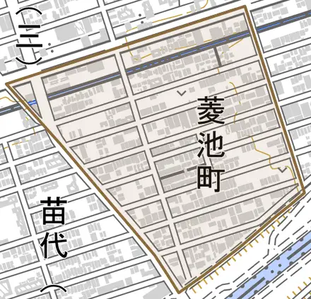 菱池町とその周辺の地図。町の範囲を重ねている