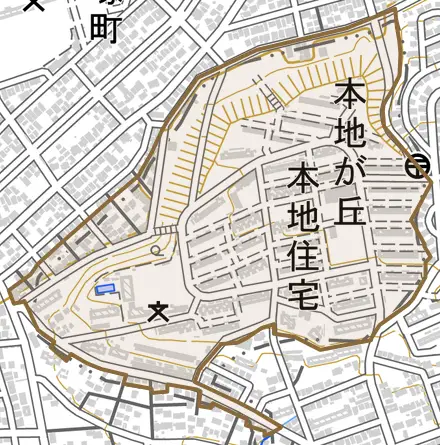 本地が丘とその周辺の地図。町の範囲を重ねている