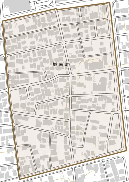 城南町とその周辺の地図。町の範囲を重ねている