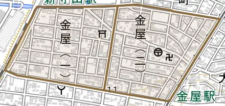 金屋とその周辺の地図。町の範囲を重ねている