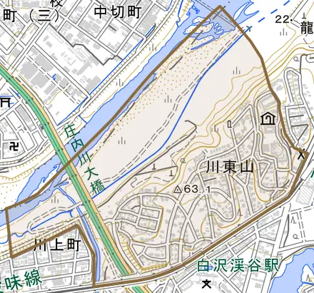 川東山とその周辺の地図。町の範囲を重ねている