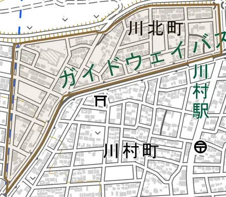 川北町とその周辺の地図。町の範囲を重ねている