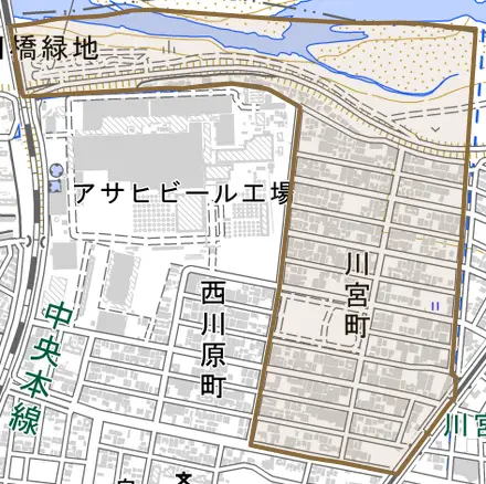 川宮町とその周辺の地図。町の範囲を重ねている
