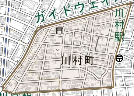川村町とその周辺の地図。町の範囲を重ねている