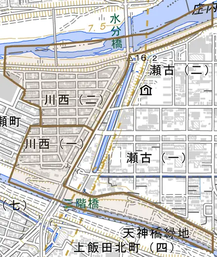 川西とその周辺の地図。町の範囲を重ねている