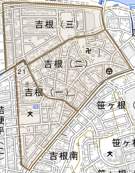 吉根とその周辺の地図。町の範囲を重ねている