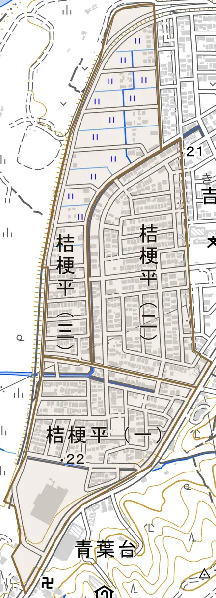 桔梗平とその周辺の地図。町の範囲を重ねている