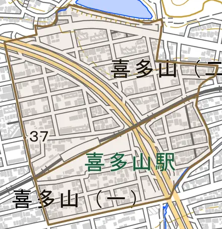 喜多山とその周辺の地図。町の範囲を重ねている