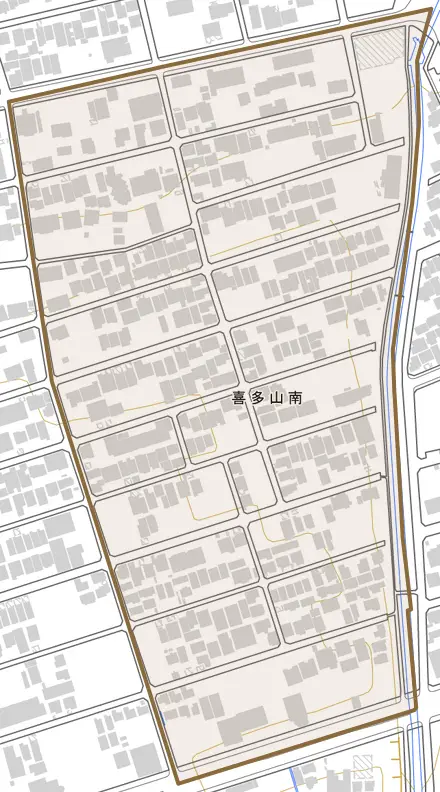 喜多山南とその周辺の地図。町の範囲を重ねている