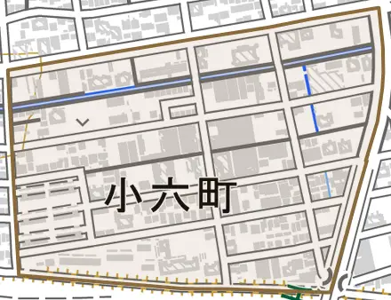 小六町とその周辺の地図。町の範囲を重ねている