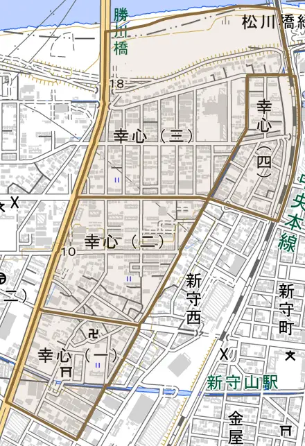 幸心とその周辺の地図。町の範囲を重ねている