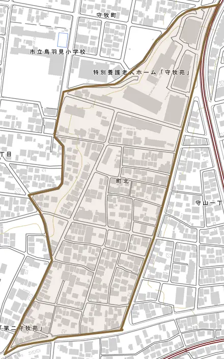 町北とその周辺の地図。町の範囲を重ねている