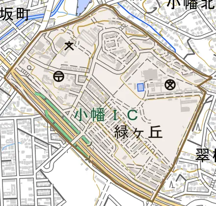 緑ヶ丘とその周辺の地図。町の範囲を重ねている