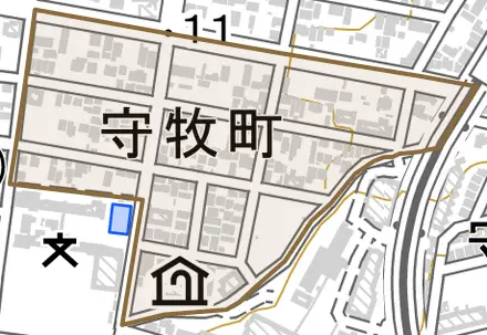 守牧町とその周辺の地図。町の範囲を重ねている