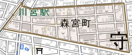 森宮町とその周辺の地図。町の範囲を重ねている