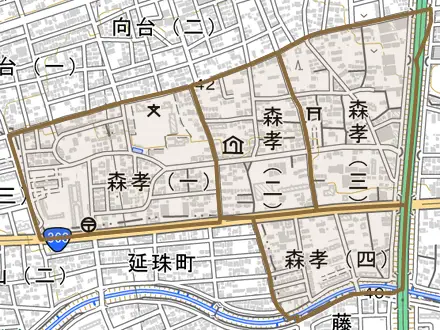 森孝とその周辺の地図。町の範囲を重ねている