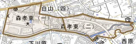 森孝東とその周辺の地図。町の範囲を重ねている