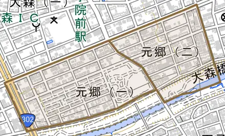 元郷とその周辺の地図。町の範囲を重ねている