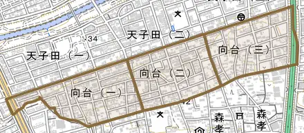 向台とその周辺の地図。町の範囲を重ねている