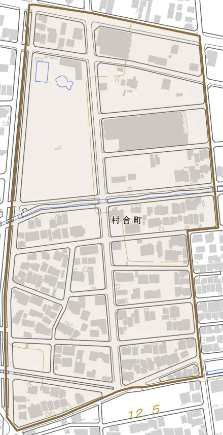 村合町とその周辺の地図。町の範囲を重ねている