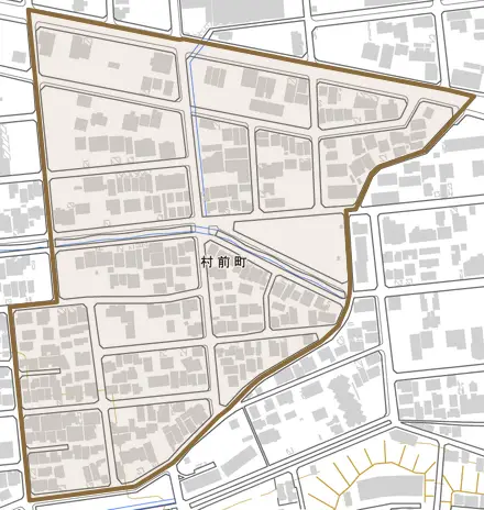 村前町とその周辺の地図。町の範囲を重ねている