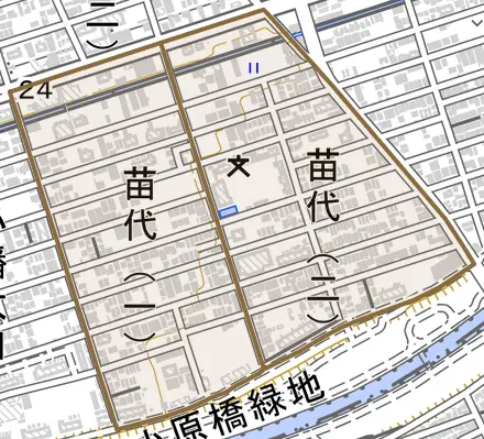苗代とその周辺の地図。町の範囲を重ねている
