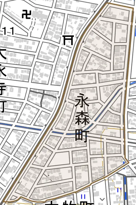永森町とその周辺の地図。町の範囲を重ねている
