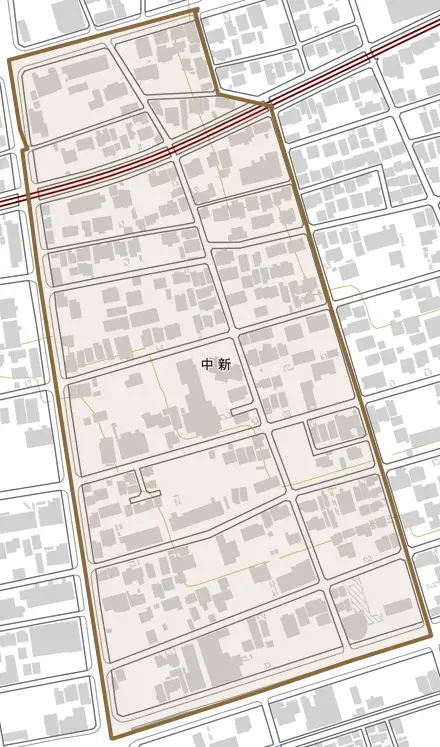 中新とその周辺の地図。町の範囲を重ねている