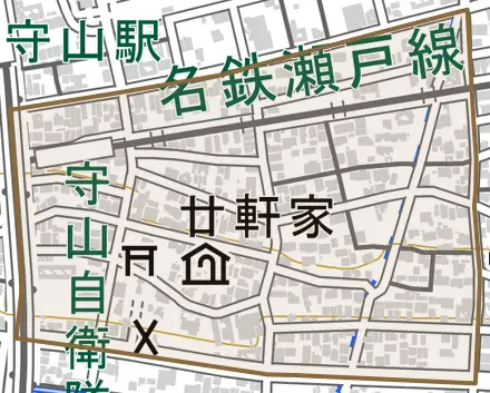 廿軒家とその周辺の地図。町の範囲を重ねている