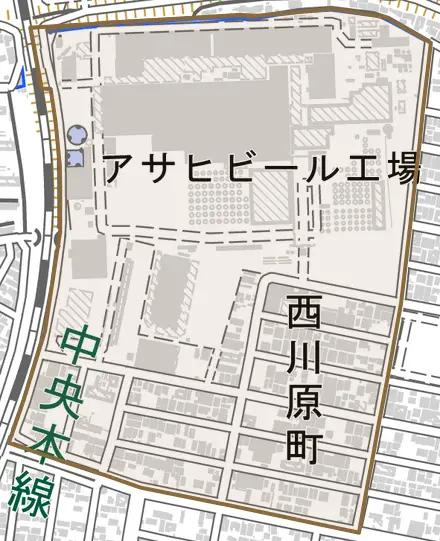 西川原町とその周辺の地図。町の範囲を重ねている