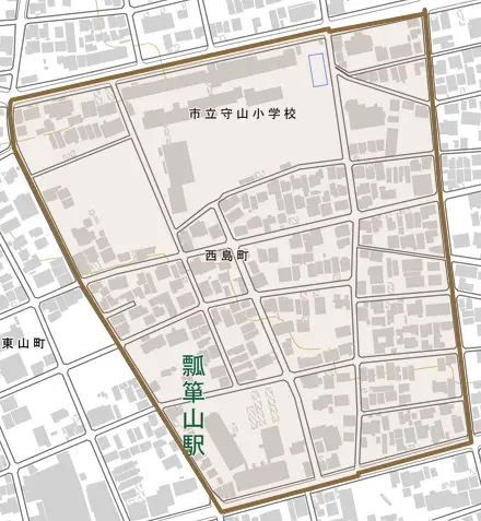 西島町とその周辺の地図。町の範囲を重ねている