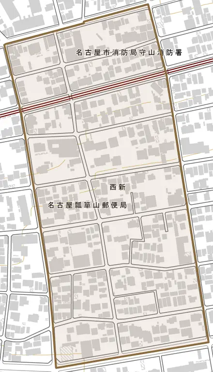 西新とその周辺の地図。町の範囲を重ねている