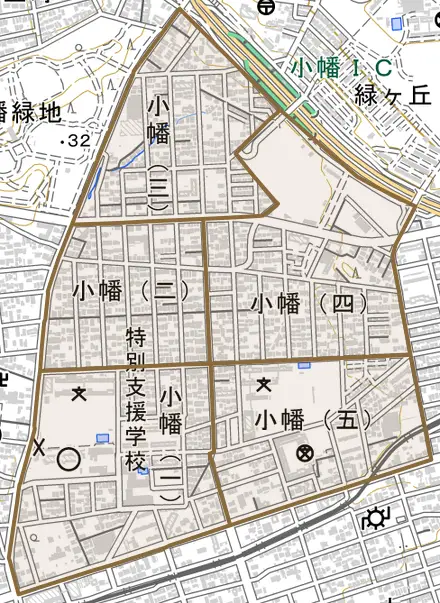 小幡とその周辺の地図。町の範囲を重ねている