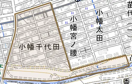 小幡千代田とその周辺の地図。町の範囲を重ねている