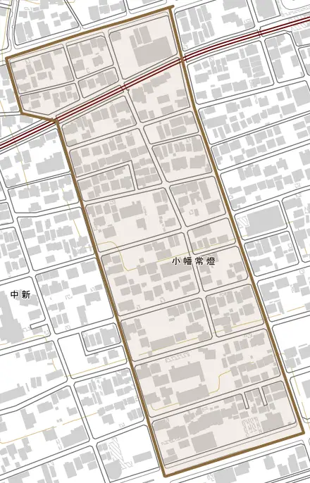 小幡常燈とその周辺の地図。町の範囲を重ねている