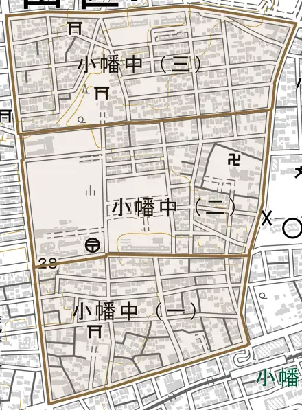 小幡中とその周辺の地図。町の範囲を重ねている