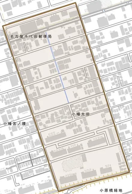 小幡太田とその周辺の地図。町の範囲を重ねている