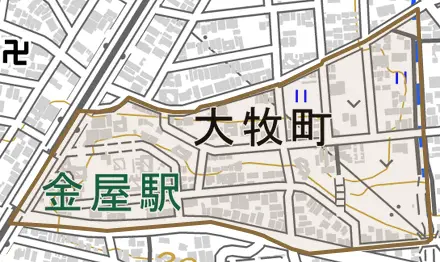 大牧町とその周辺の地図。町の範囲を重ねている