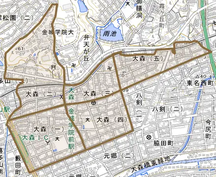 大森とその周辺の地図。町の範囲を重ねている