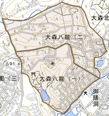 大森八龍とその周辺の地図。町の範囲を重ねている