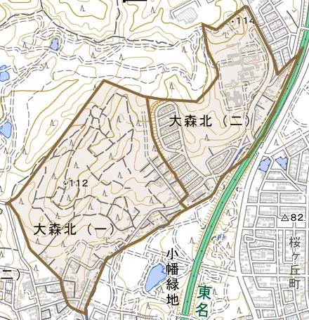 大森北とその周辺の地図。町の範囲を重ねている