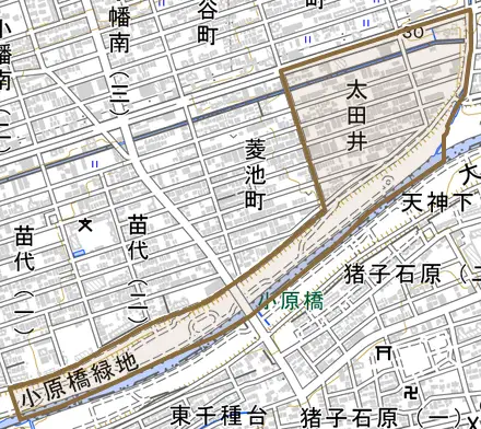 太田井とその周辺の地図。町の範囲を重ねている