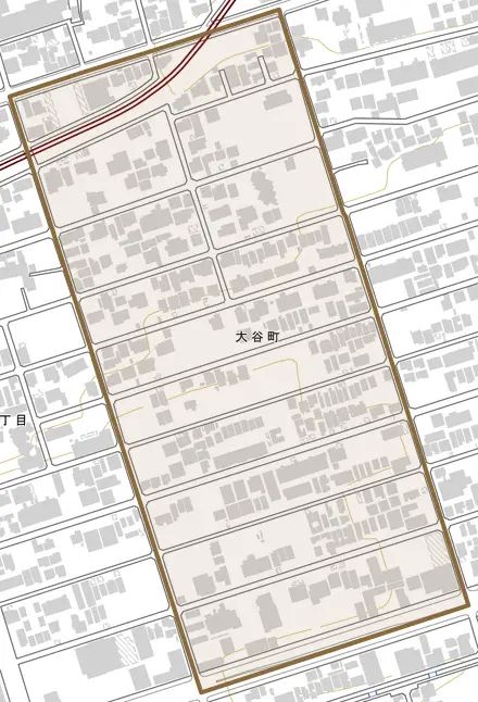 大谷町とその周辺の地図。町の範囲を重ねている