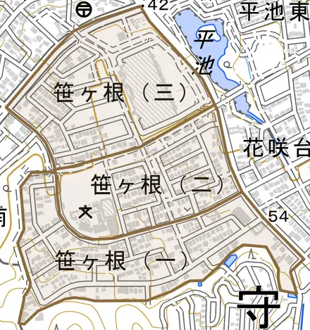 笹ヶ根とその周辺の地図。町の範囲を重ねている
