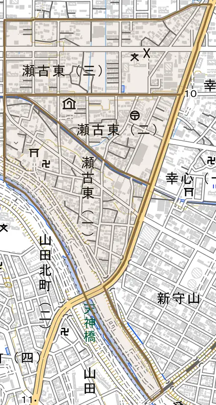 瀬古東とその周辺の地図。町の範囲を重ねている