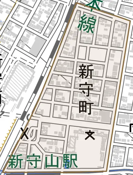 新守町とその周辺の地図。町の範囲を重ねている
