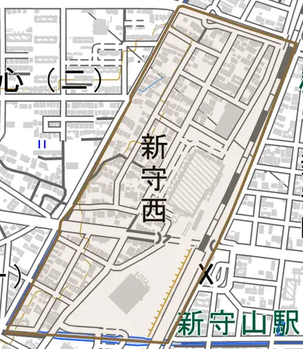 新守西とその周辺の地図。町の範囲を重ねている