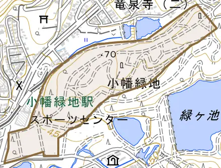 大字川とその周辺の地図。町の範囲を重ねている
