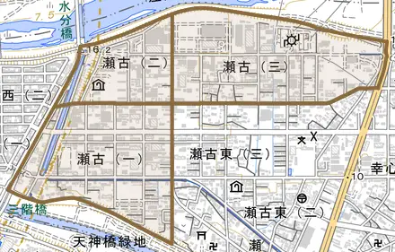 瀬古とその周辺の地図。町の範囲を重ねている