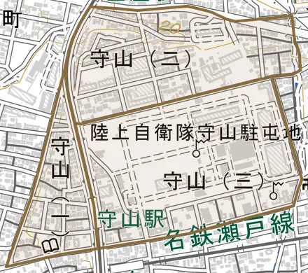 守山とその周辺の地図。町の範囲を重ねている